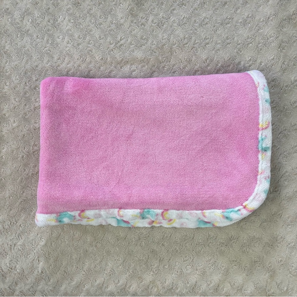 Le Bebe Favorite Pink Unicorn Rainbow Baby Blanket White Blue Yellow Edge Trim